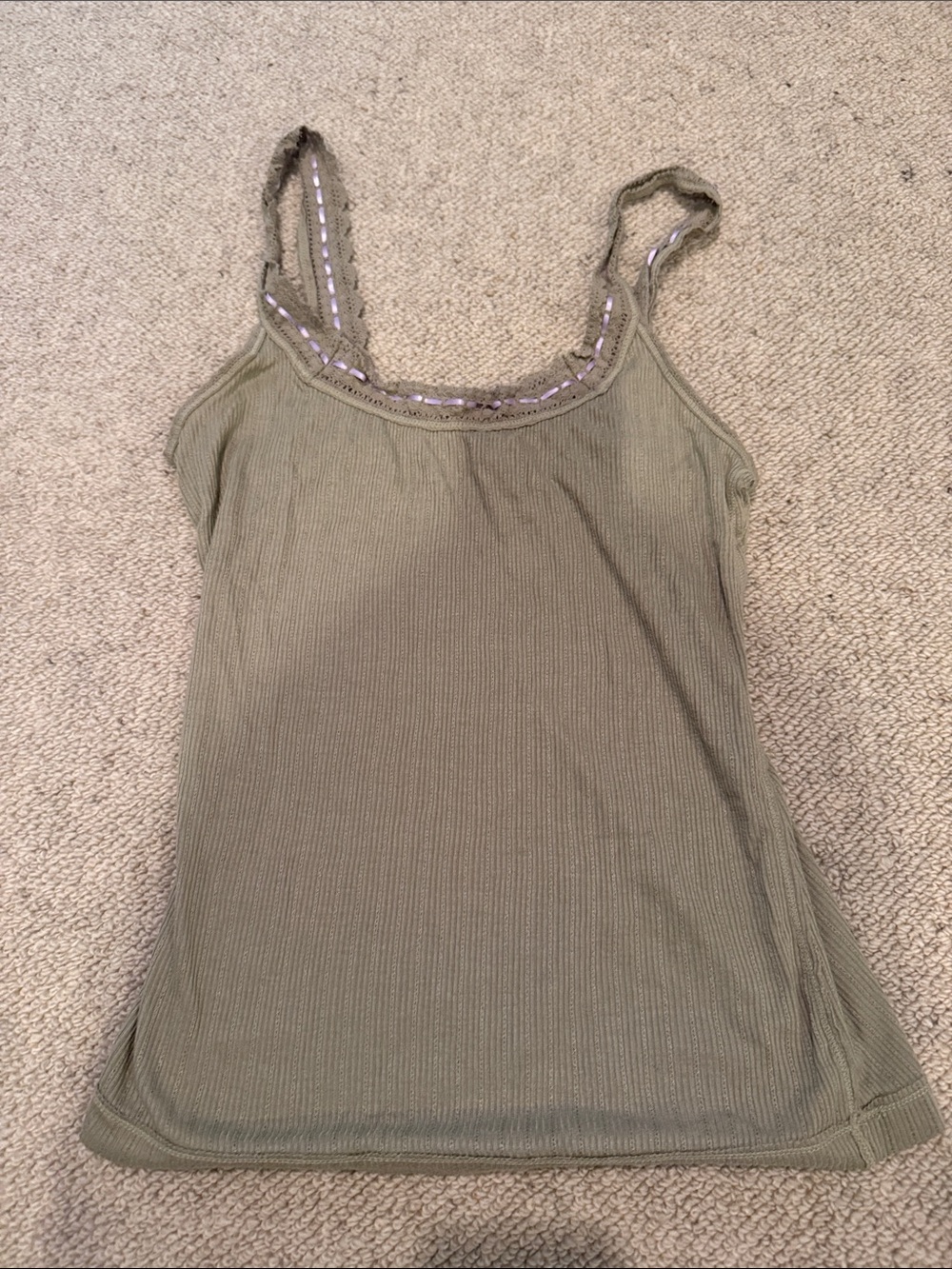 Free People Olive Green Ribbed Lace-Trim Tank Top